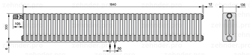 Схема (чертеж) Радиатор Zehnder Charleston 4030/40 №V007 Белый глянцевый RAL 9016
